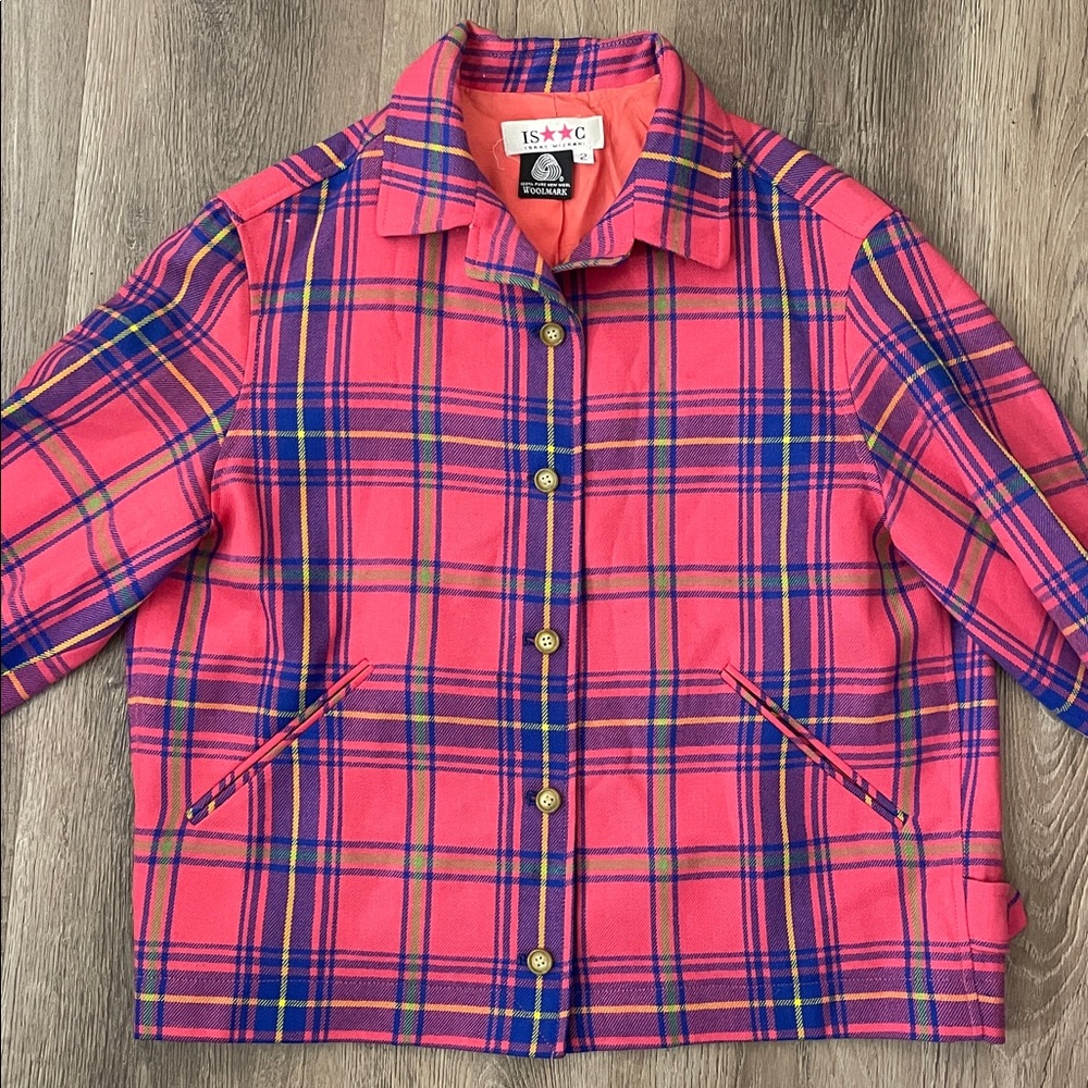 Isaac Mizrahi 90s Vintage Clueless Pink Plaid Wool Jacket Womens Size Medium Y2K - Picture 2 of 13